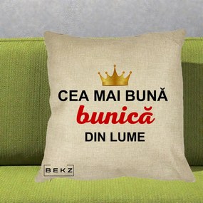 Cadou pentru Bunica - Perna Personalizata Cea Mai Buna Bunica Din Lume Coroana Aurie, 40x40 cm, Crem, Husa Detasabila, Perna Inclusa, BEKZ®