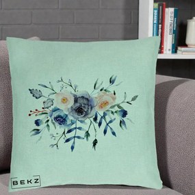 Perna Decorativa Buchet Flori Albastre Acuarela, 40x40 cm, Verde Menta, Husa Detasabila, Perna Inclusa, BEKZ®