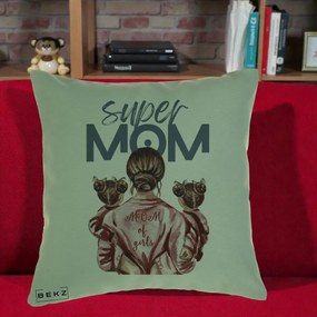 Cadou pentru Mama - Perna Personalizata Super Mom of Girls Mama cu Gemene, 40x40 cm, Verde, Husa Detasabila, Perna Inclusa, BEKZ®