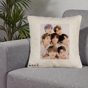 Perna Personalizata K-pop BTS Foto Grup Fete Albe, 40x40 cm, Bej Canapea, Husa Detasabila, Perna Inclusa, BEKZ®