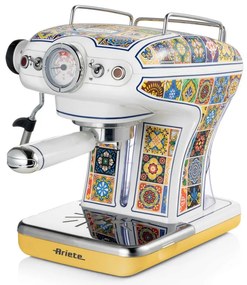 Espressor manual Ariete Positano 1389/1P, 850W, 15 bar, 0.9 L, Spumator de lapte, Cafea macinata si doze ESE, Alb/Galben