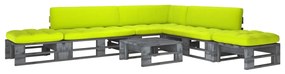 Set mobilier paleti cu perne, 6 piese, gri, lemn pin tratat verde aprins, colt + 2x mijloc + 2x suport pentru picioare + masa, Gri, 1