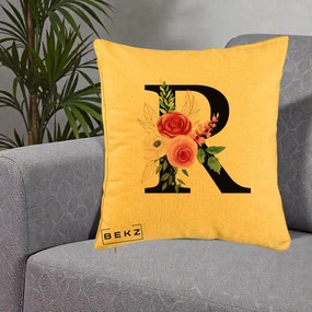 Cadou Personalizat - Perna Personalizata Monograma Florala Litera R, 40x40 cm, Galben, Husa Detasabila, Perna Inclusa, BEKZ®