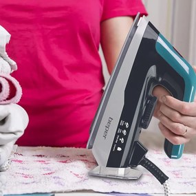 Fier de calcat Beper P204CAL200, 2250W, Placa ceramica, Termostat, Filtru, Ciclu continuu, Alb/albastru-verde