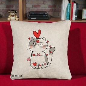 Perna Decorativa Pisica Kawaii cu Inimi, 40x40 cm, Bej Canapea, Husa Detasabila, Perna Inclusa, BEKZ®