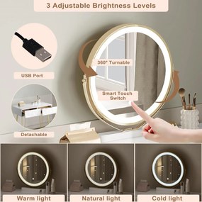 SEA461 - Set Masa toaleta 80 cm cosmetica machiaj, oglinda cu LED, masuta vanity, cu taburet - Alb