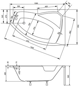 Cada baie asimetrica cu sezut, acril, 130 x 85 cm, orientare dreapta, Besco Rima 1300x850 mm, Dreapta