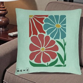 Perna Decorativa Flori Grafice Rosu-Albastru, 40x40 cm, Verde Menta, Husa Detasabila, Perna Inclusa, BEKZ®
