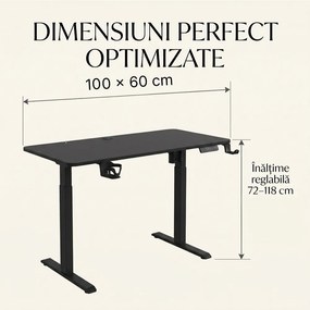 RESIGILAT- ELEVON WX-009 – Birou Reglabil Electric, Înălțime Reglabilă 72–118 cm, Blat Monobloc PAL de Înaltă Densitate 15 mm, Cadru Metalic din Oțel 65×45 mm, Panou Electronic, 100 × 60 cm, Negru