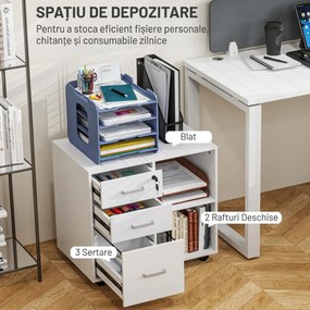 HOMCOM Dulap Birou, 3 Sertare cu Încuietoare și Chei, 60x40x56 cm, cu roti, Alb | Aosom Romania