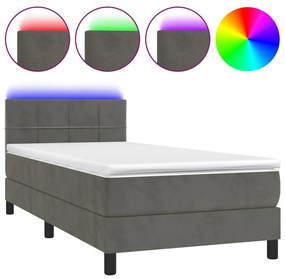 3134382 vidaXL Pat cu arcuri, saltea și LED, gri închis, 90x200 cm, catifea