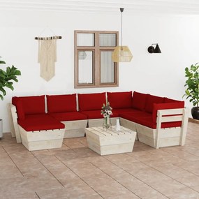 Set mobilier gradina din paleti cu perne, 8 piese, lemn molid Bordo, 3x colt + 3x mijloc + masa + suport pentru picioare, 1
