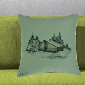 Perna Decorativa Cabana de Iarna in Padure, 40x40 cm, Verde, Husa Detasabila, Perna Inclusa, BEKZ®