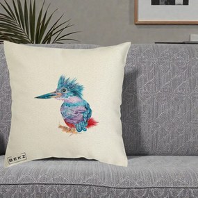 Perna Decorativa Pasare Martin Pescar Acuarela Albastru-Mov, 40x40 cm, Ecru, Husa Detasabila, Perna Inclusa, BEKZ®