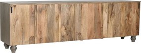 Comodă TV sculptată lungă din lemn masiv, gri, cu 6 uși, 3 rafturi și zăvoare din lemn, finisaj patinat, 61 x 200 x 40 cm, „Arvane”