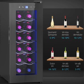 HOMCOM Frigider Termoelectric Dublu pentru 12 Sticle de Vin cu Ușă de Sticlă și Lumină LED, 26,5x51,5x65 cm, Negru | Aosom Romania