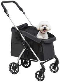 PawHut Cărucior pentru câini cu 4 roți, ușor și pliabil, pernă lavabilă, lesă de siguranță, ferestre multiple din plasă, gri | Aosom Romania