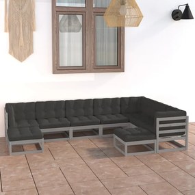 3076806 vidaXL Set mobilier grădină cu perne, 9 piese, gri, lemn masiv de pin