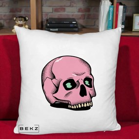 Perna Decorativa Craniu Roz Tatoo Art Halloween, 40x40 cm, Alb Pufos, Husa Detasabila, Perna Inclusa, BEKZ®