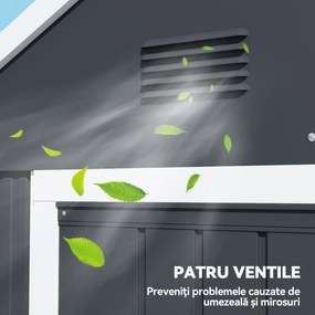 Outsunny Magazie de Grădină din Oțel Galvanizat și PP cu 4 Guri de Aerisire și Fereastră, 259x171x222 cm, Gri și Alb | Aosom Romania