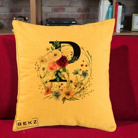 Cadou Personalizat - Perna Personalizata Monogram Litera P cu Flori Acuarela, 40x40 cm, Galben, Husa Detasabila, Perna Inclusa, BEKZ®