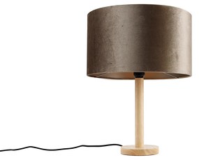 Lampă de masă din lemn cu abajur de catifea gri-maroniu 35cm - Mels
