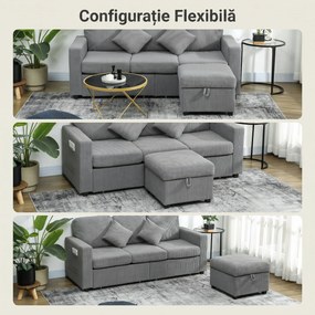 HOMCOM Divan 3 Locuri cu Pouf de Depozitare din Velur cu Nervuri 196x139x85 cm, Gri | Aosom Romania