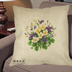 Perna Decorativa Viorele Iris Violet si Trifoi, 40x40 cm, Crem, Husa Detasabila, Perna Inclusa, BEKZ®