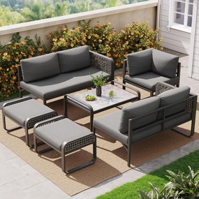 Set de lounge pentru grădină pentru 6-7 persoane, mobilier din ratan cu cadru din fier galvanizat și picioare reglabile, inclusiv perne de șezut și spătar, Gri