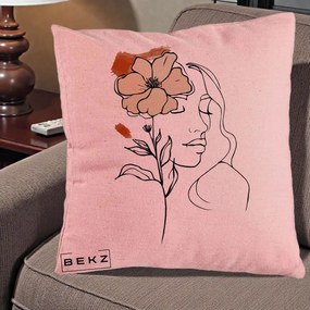 Perna Decorativa Portret Feminin Floare Bej Terracotta, 40x40 cm, Roz, Husa Detasabila, Perna Inclusa, BEKZ®