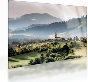 Tablou pe sticlă - sătuț în ceață (70x50 cm)