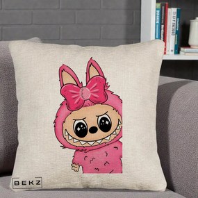 Perna Personalizata Labubu Roz cu Funda, 40x40 cm, Bej Canapea, Husa Detasabila, Perna Inclusa, BEKZ®