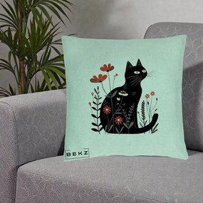 Perna Decorativa Pisica Neagra Flori Rosii Folk, 40x40 cm, Verde Menta, Husa Detasabila, Perna Inclusa, BEKZ®