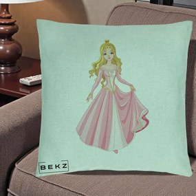 Perna Decorativa Printesa Aurora Rochie Roz, 40x40 cm, Verde Menta, Husa Detasabila, Perna Inclusa, BEKZ®