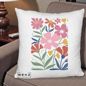 Perna Decorativa Flori Grafice Roz si Terracotta, 40x40 cm, Alb Pufos, Husa Detasabila, Perna Inclusa, BEKZ®
