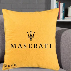 Perna Personalizata cu emblema Maserati, 40x40 cm, Galben, Husa Detasabila, Perna Inclusa, BEKZ®