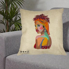 Perna Decorativa Portret Femeie Colorat Pop Art, 40x40 cm, Crem, Husa Detasabila, Perna Inclusa, BEKZ®
