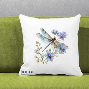 Perna Decorativa Libelula Acuarela Flori Albastre, 40x40 cm, Alba Mata, Husa Detasabila, Perna Inclusa, BEKZ®