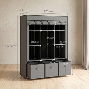 HOMCOM Șifonier din Pânză, Garderob Pliabil cu Rafturi și Sertare, Uși care se Rulează cu Fermoar, 125x43x162.5 cm, Gri | Aosom Romania