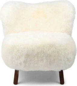 Fotoliu alb din blană naturală de oaie din Noua Zeelandă, cu fir lung și picioare din lemn de nuc natur, 90×86×66 cm, „Ethan”