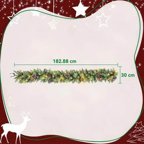 HOMCOM Ghirlandă de Crăciun 183 cm cu Crengi Înzăpezite și 30 de Lumini Albe, Conuri și Boabe pentru Interioare | Aosom Romania