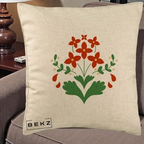 Perna Decorativa Buchet Floral Folk Rosu-Verde, 40x40 cm, Bej, Husa Detasabila, Perna Inclusa, BEKZ®