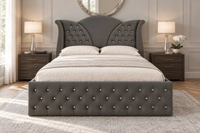 Pat tapițat Chesterfield din catifea Velora Cristal 160×200 cm, gri închis, cu ladă de depozitare
