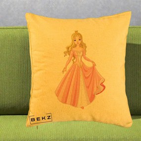 Perna Decorativa Printesa Aurora Rochie Roz, 40x40 cm, Galben, Husa Detasabila, Perna Inclusa, BEKZ®