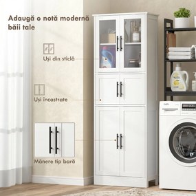 HOMCOM Dulap înalt de baie slim, 170 cm, cu 6 rafturi, uși din sticlă și rafturi reglabile, pentru living sau bucătărie, stil modern, 60x30x170 cm, alb | Aosom Romania