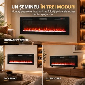 HOMCOM Șemineu electric 153 cm, încastrabil/de perete/de podea, ultrasubțire 8,3 cm, cu telecomandă, 900/1800 W, timer, negru | Aosom Romania