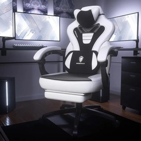 RESIGILAT- DOWINX Scaun gaming, ergonomic, suport lombar cu masaj, Șezut cu Arcuri Metalice și Spumă, Spătar înalt, rabatabil 90°-145°, Buzunar depozitare, Suport picioare, rezistent 150 kg, material PU respirabil, Alb/Negru