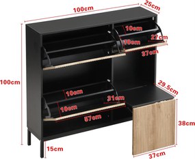 Dulap pentru pantofi cu taburet pentru schimbarea pantofilor, 3 compartimente cu suprafețe de depozitare, 100x25x100 cm, Negru+Culoare naturală