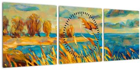 Tablou - Apus de soare peste lac, pictură acrilică (cu ceas) (90x30 cm)