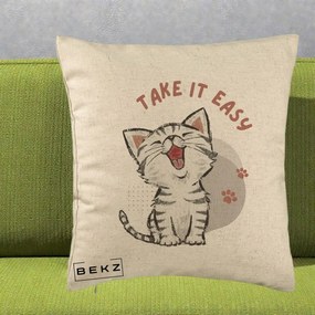 Perna Personalizata Take It Easy Cat, 40x40 cm, Bej, Husa Detasabila, Perna Inclusa, BEKZ®